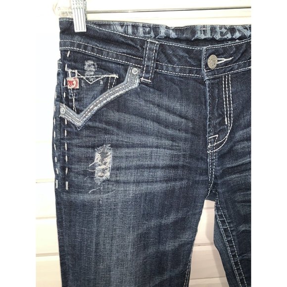 MEK DENIM Sz 29 32 St. Louis Easy Bootcut Dark Wash Denim Jeans Distressed EUC - Picture 2 of 9
